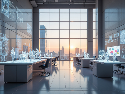 现代化办公环境,宽敞明亮的会议室,员工正在讨论AI项目方案,高科技设备展示,蓝色背景