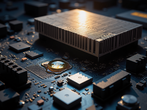 AI芯片产品,小型化设计,高密度封装,散热片,半导体工艺,科技感背景