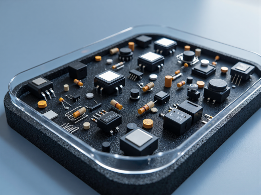 智能传感器设备,方形设计,多个接口,电路板细节,工业风格,灰色背景